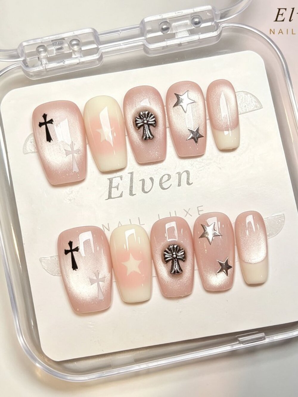 Pearl Pink Cat Eye Short Square Cross & Star Handmade Press On Nail Set